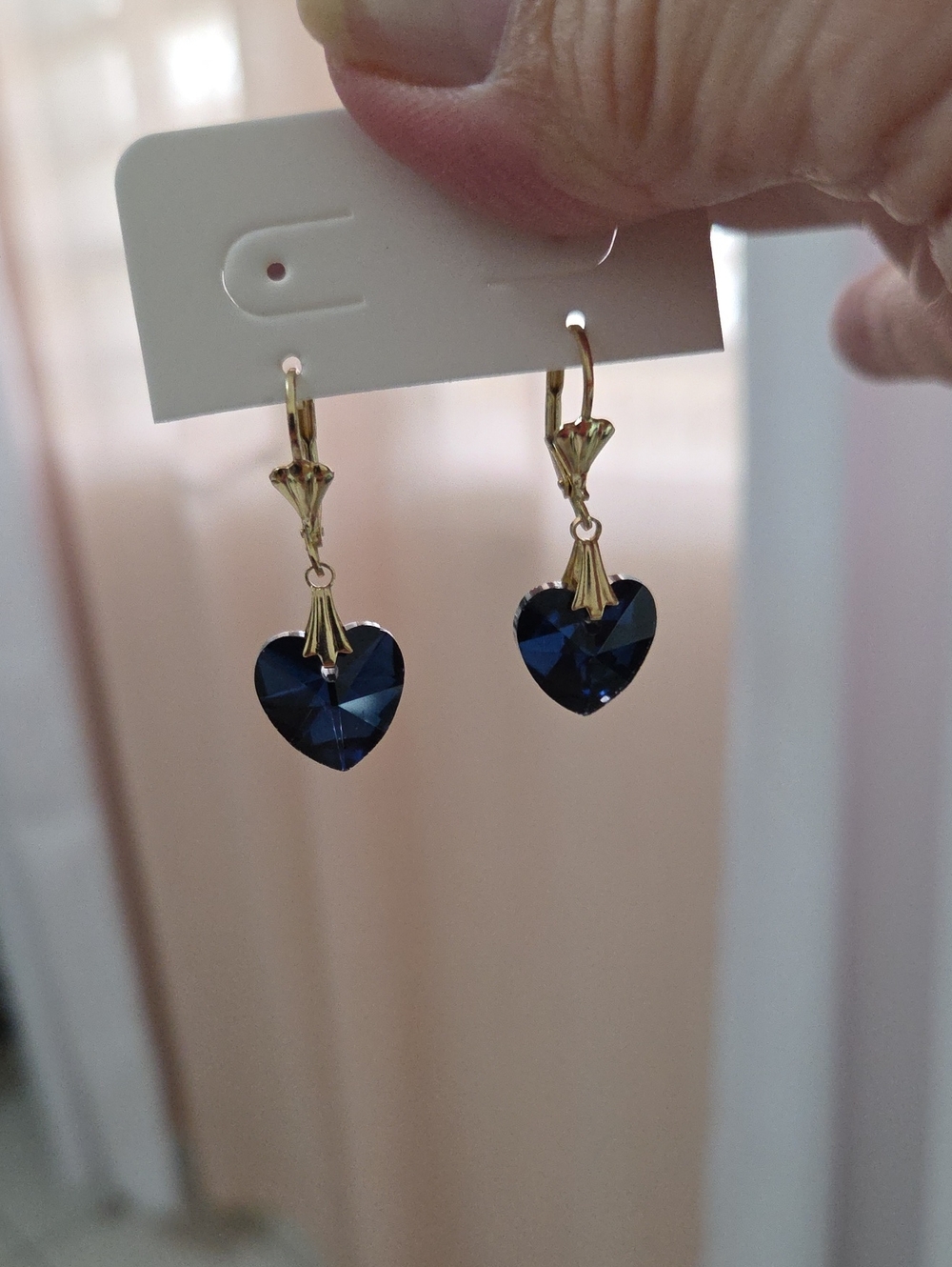 14 K Laminated Gold Drop Earrings with Dark Blue Heart Crystals